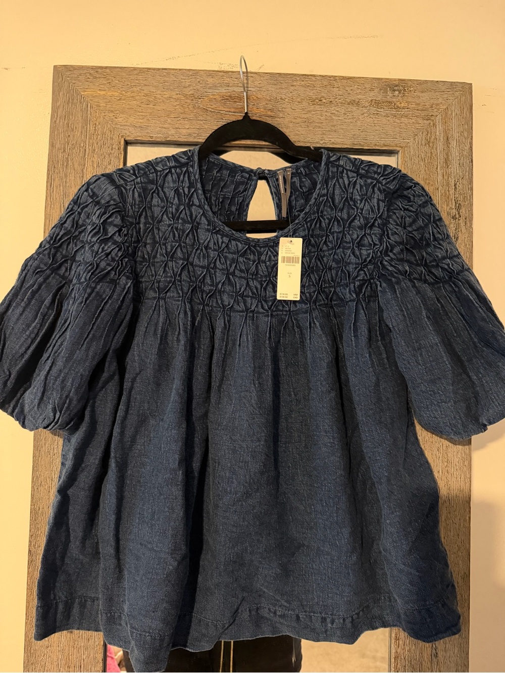 Anthropologie Liza Puff-Sleeve Smocked Top — Navy Blue